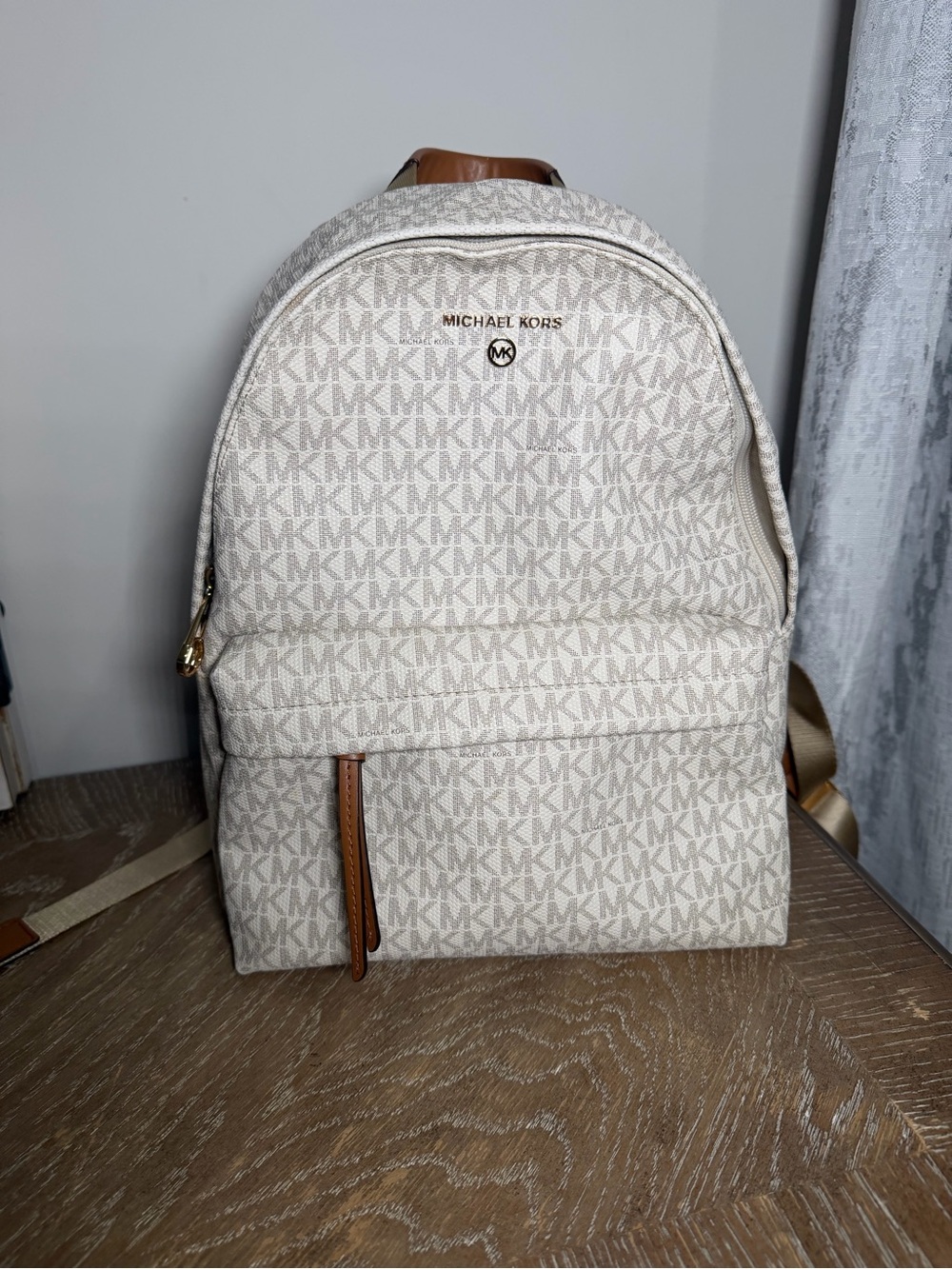 Michael Kors Cream Logo Backpack with Brown Trim